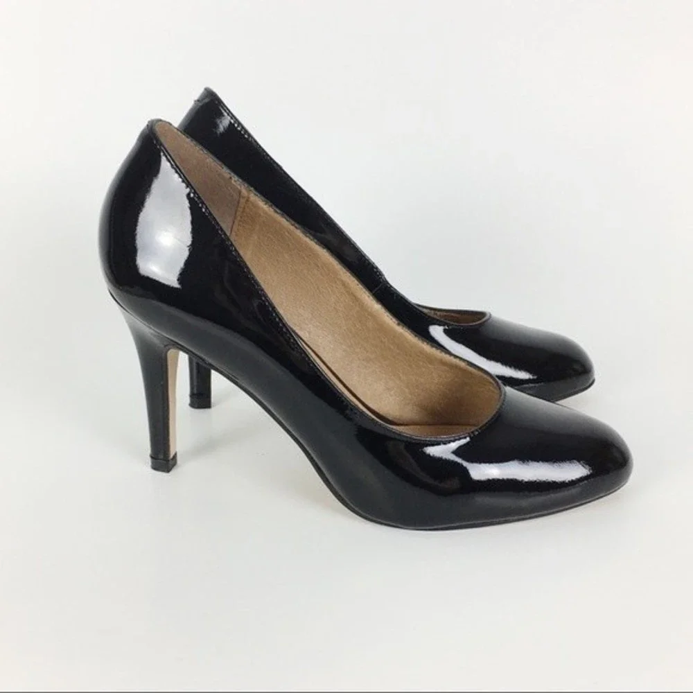 Corso Como Size 7.5 Classic Minimalist Black Leather Patent Heels‎ Pumps Shoes